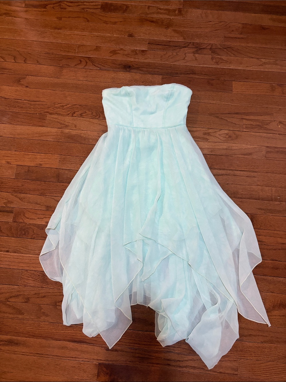 Ecote Strapless Mint Green Chiffon Handkerchief Hem Dress